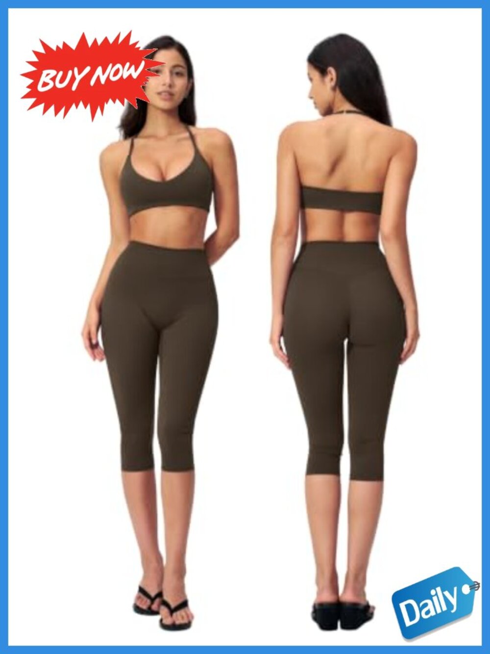 Women 2 Piece Workout Set V Neck Halter Tank Top High Waist Capri Pants